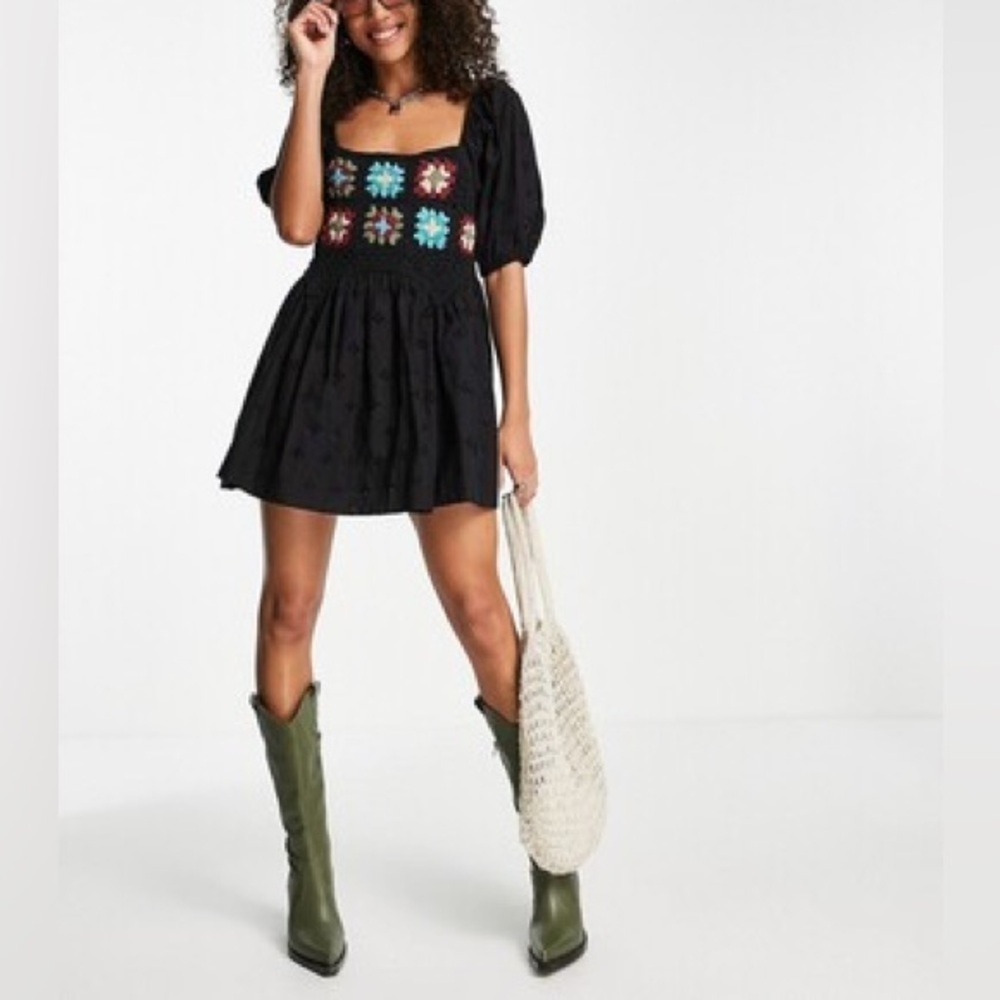 ASOS Crochet Granny Square Puff Sleeve Eyelet Mini Dress Black